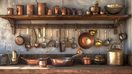 Vintage Elegance. A fusion of wood, metal, and copper elements in an antique room setting