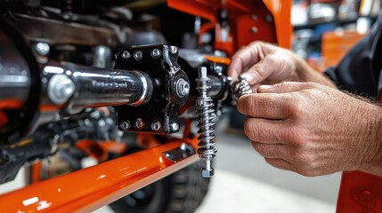 Obraz premium Hands Working on Mechanical Parts of a Vehicle in Workshop Environment