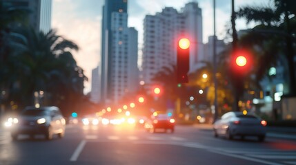 Fototapeta premium Blurred city street at sunset, traffic lights and cars.