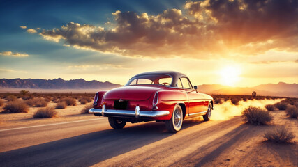 Classic red car cruising on a desert road during a stunning sunset