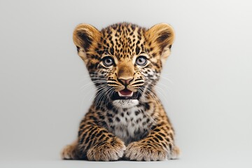 Obraz premium Studio photo of a cute leopard cub isolated against a white background. Wildlife and conservation concept, space for copy.
