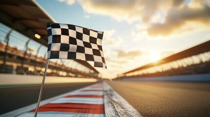 A close-up of a checkered flag at a racetrack during sunset, symbolizing the end of a race.