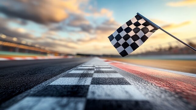 A close-up view of a checkered flag at a racetrack, signaling the finish line.