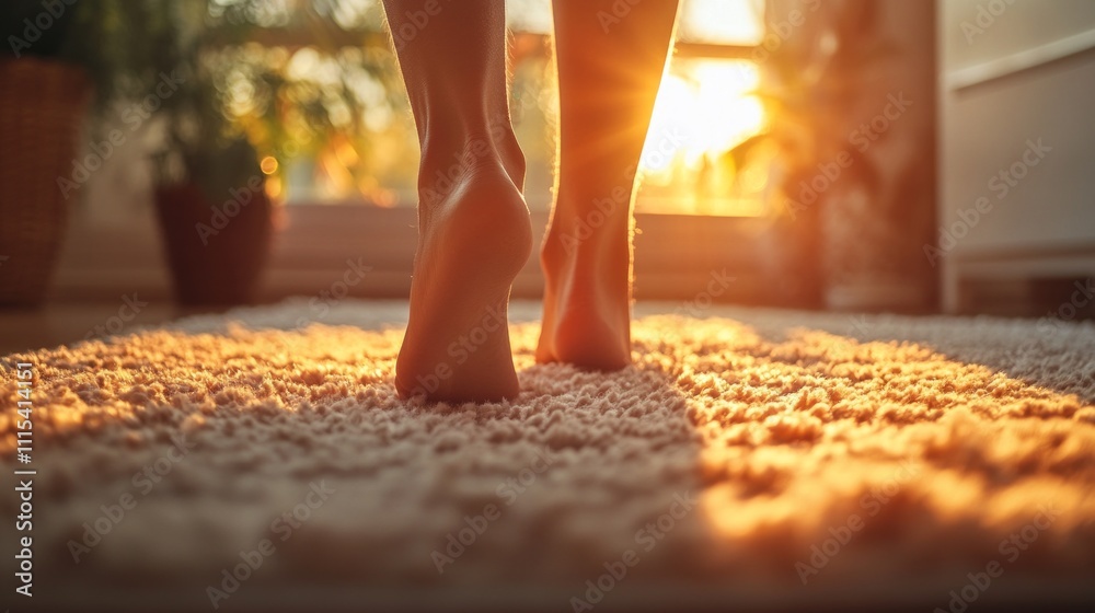 Poster Bare feet make gentle contact with a soft carpet, illuminated by the warm, golden rays of the setting sun filtering through a window, creating an inviting ambiance