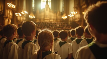 In a majestic cathedral, children in choir robes gather to perform, their faces focused and filled with passion
