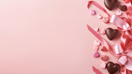 Heart-Shaped Chocolates and Pink Decorations on a Soft Pink Background for Romantic Occasions and Gifts