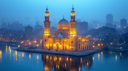 Fototapeta premium Illuminated mosque by a tranquil river in a hazy urban skyline at dawn