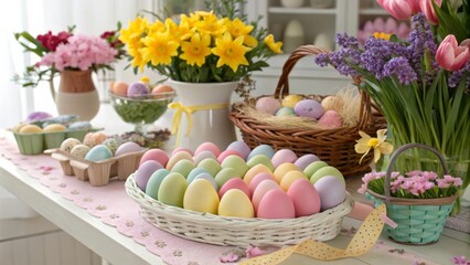 Colorful Easter Eggs on a Table Surrounded by Flowers and Baskets