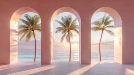 Fototapeta premium A mockup of an empty wall with three arched windows, each window looking out at the ocean and palm trees