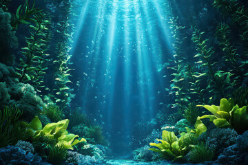 Fototapeta premium Beneath waves, vibrant underwater scene unfolds with lush green plants, colorful corals, and shimmering fish, illuminated by beams of sunlight filtering through water