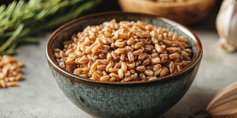 Obraz premium Closeup of farro in a bowl on a textured surface, showcasing the unique characteristics of farro. The details of the farro add an appealing visual to the bowl for various culinary inspirations.