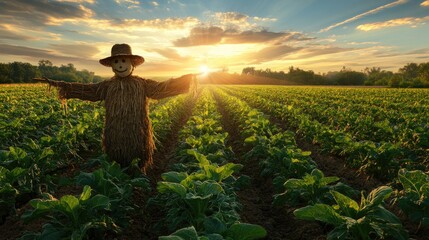 Fototapeta premium Scarecrow in a Vibrant Field at Sunset with Golden Sky