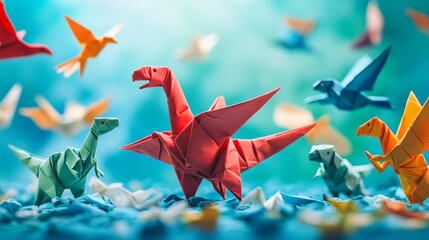 A captivating array of origami animals fills the visual field, showcasing red dinosaurs alongside vibrant birds, all surrounded by a lush, creative backdrop that sparks joy and wonder