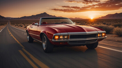 Fototapeta premium Classic convertible cruising on an open road at sunset near mountains