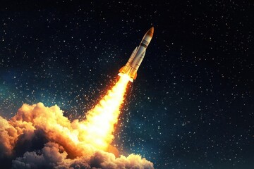 Obraz premium A rocket launches into space, leaving a trail of fire and smoke.