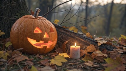 Carved pumpkin glowing with candle beside autumn leaves