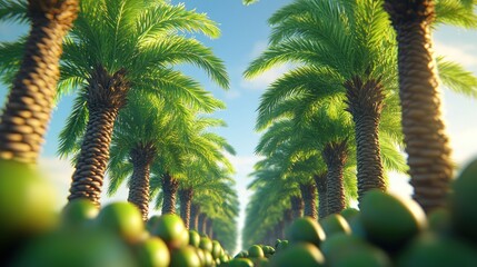 Fototapeta premium Lush palm trees line a path through a tropical grove, sunlit.