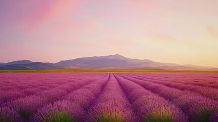 Fototapeta premium Endless lavender field under pastel sky, with mountains in distance. vibrant purple flowers create serene and calming atmosphere, perfect for relaxation
