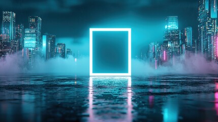 A bustling cyberpunk city at night, rain slicked streets reflecting the neon glow of towering skyscrapers, advertisements, and holographic projections that fill the frame. In the center, a single