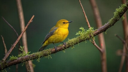 Fototapeta premium Vibrant yellow Prothonotary Warbler perched on a moss-covered branch. Stunning wildlife photography.