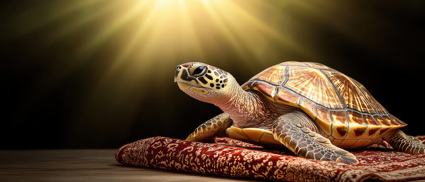 majestic sea turtle rests gracefully on patterned shawl, illuminated by soft light. Its intricate shell and serene expression evoke sense of tranquility and beauty