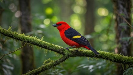 Vibrant Scarlet Tanager perched on a moss-covered branch in a lush green forest. Stunning wildlife photography.