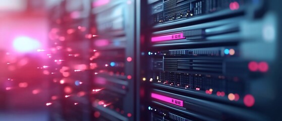 Data center server rack with glowing particles.