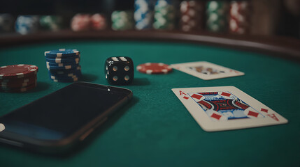 Fototapeta premium Person playing poker. Playing casinoncards and chips on the table. Poker chips and cards. Poker chips and dice gambling chips. Playing cards on a table. 