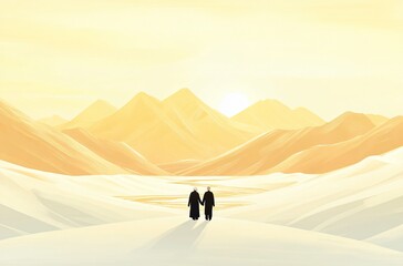 An elderly couple traveling together under the warm glow of the setting sun, enjoying their golden years in a scenic outdoor location. The soft, golden light of the sunset enhances the romantic and pe