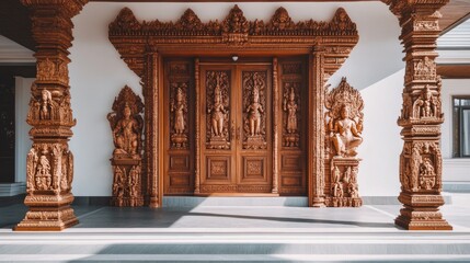 Obraz premium Intricate Wooden Temple Entrance with Carved Statues and Details