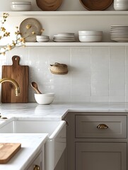 Elegant Farmhouse Kitchen Sink with Brass Faucet and Open Shelving Featuring White Dishware and Wooden Cutting Boards Against a Subway Tile Backsplash.