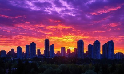 Fototapeta premium Vibrant sunset over a city skyline with dramatic clouds.