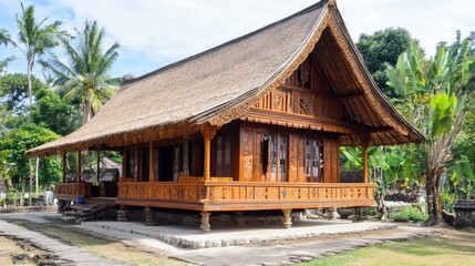 Traditional Wooden House with Thatched Roof Surrounded by Plants