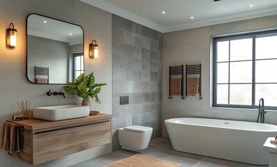 Modern Bathroom Design with Minimalist Aesthetics Featuring a Floating Vanity, Walk-In Shower, and Bathtub, Accentuated by Greenery and Warm Lighting.