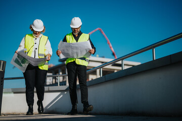 Two architects in high visibility vests and helmets analyze blueprints outdoors, discussing plans...