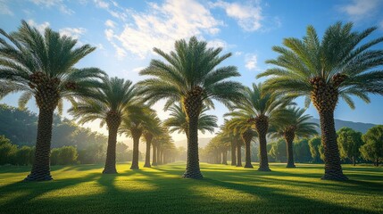 Fototapeta premium Palm trees lined up in a park on a sunny day.