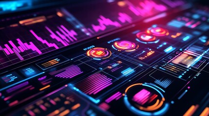 Obraz premium A futuristic digital interface displaying data visualizations and analytics.