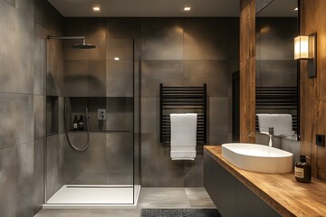 Modern Bathroom Design Featuring a Glass-Enclosed Shower, Wall-Mounted Vanity with Vessel Sink, and Towel Warmer on a Neutral Tile Background.