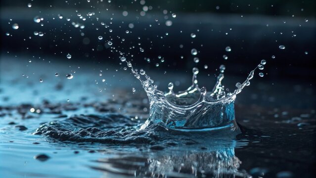 Detailed close-up of water splashing in dark environment