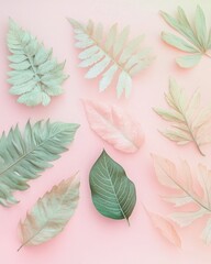 Fototapeta premium Minimalist Soft Pastel Plant Leaves Flat Lay