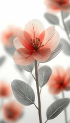 Obraz premium Delicate coral flower with gray-green leaves against a white background.