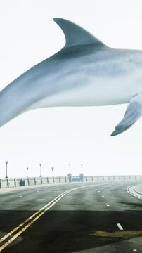 Flying Dolphin Soars Over Road
