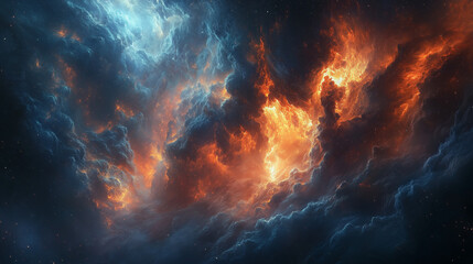Fototapeta premium otherworldly nebula panorama with cascading waves of blue and fiery red across the cosmos