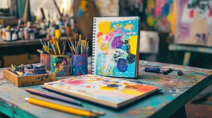 Fototapeta premium Colorful Artist Workspace with Brushes, Paints, and Sketchbooks