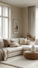 Fototapeta premium Modern Beige Living Room With Sectional Sofa And Decor