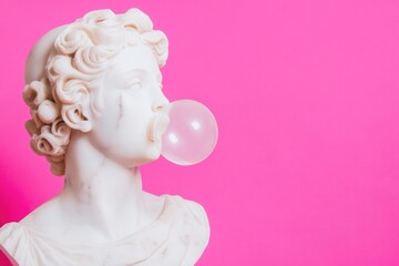 Whimsical Marble Bust Blowing Bubblegum Against Vibrant Pink Background