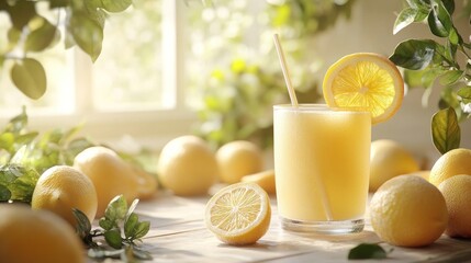 Refreshing lemonade in glass with lemons.
