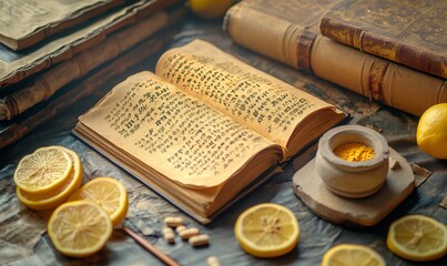 A depiction of traditional Chinese medicine books alongside fresh lemons, representing the harmony of nature and ancient wisdom. The scene blends elements of Chinese culture and herbal healing, highli