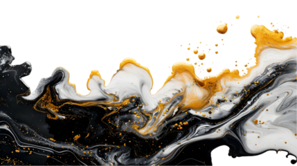 Black, White, Golden liquid colour mixed isolated on a transparent background