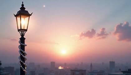 Fototapeta premium Elegant lamppost with beads against sunset skyline, creating serene urban atmosphere